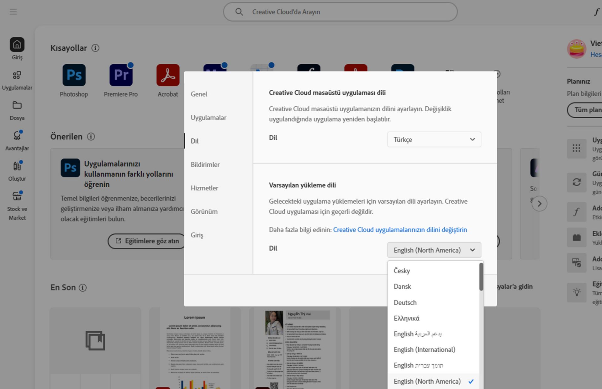 Tercihler penceresinin Dil sekmesi, Creative Cloud masaüstü dilini ve varsayılan yükleme dilini seçmeye yönelik seçenekleri gösteriyor.