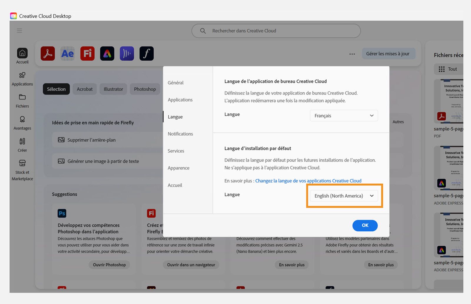 L’onglet Applications de la fenêtre Préférences affiche les options permettant d’activer ou de désactiver les mises à jour automatiques, de sélectionner l’emplacement d’installation et la langue d’installation par défaut et d’afficher les applications plus anciennes. 