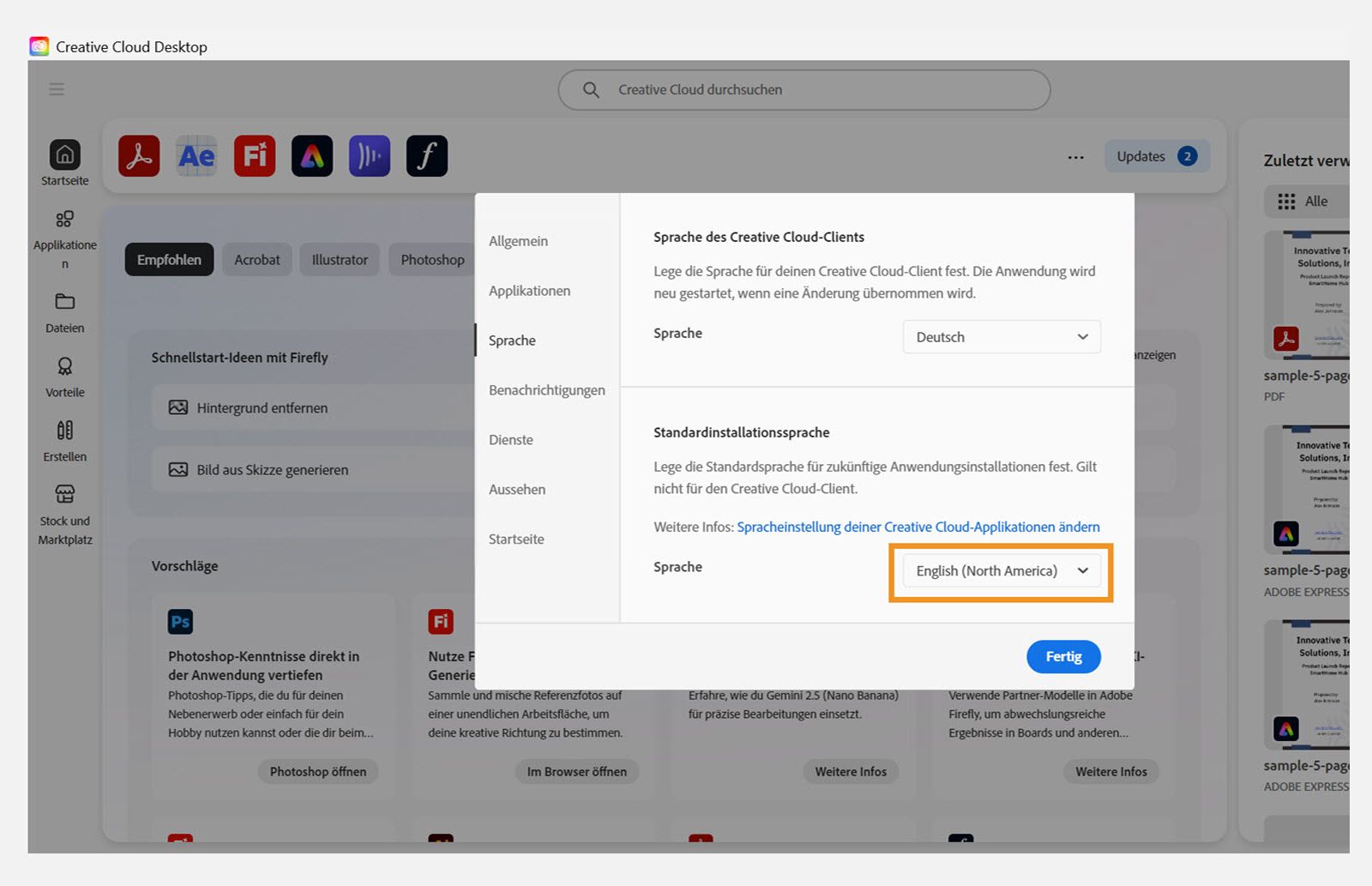 Auf der Registerkarte „Applikationen“ des Fensters „Voreinstellungen“ werden Optionen zum Aktivieren oder Deaktivieren der automatischen Aktualisierung, zum Auswählen des Installationspfads und der Standardinstallationssprache sowie ältere Applikationen angezeigt. 