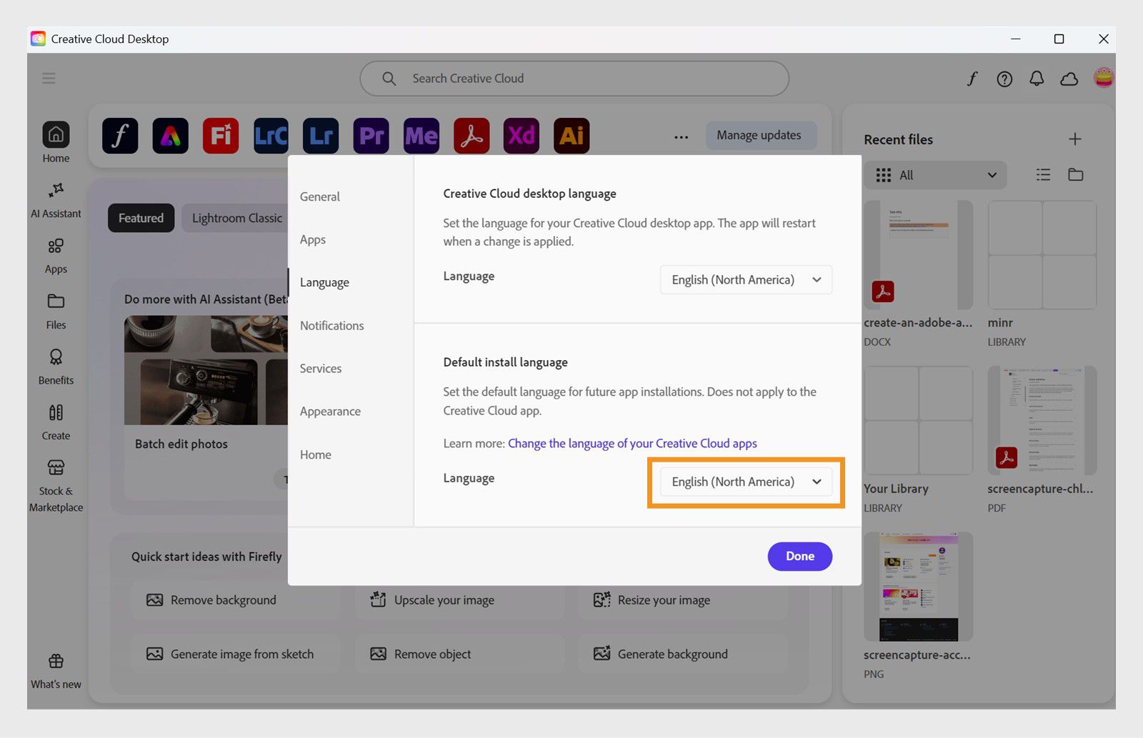 تُظهر علامة التبويب Apps في نافذة Preferences خيارات لتمكين التحديثات التلقائية أو تعطيلها، وتحديد موقع التثبيت ولغة التثبيت الافتراضية، وعرض التطبيقات الأقدم. 