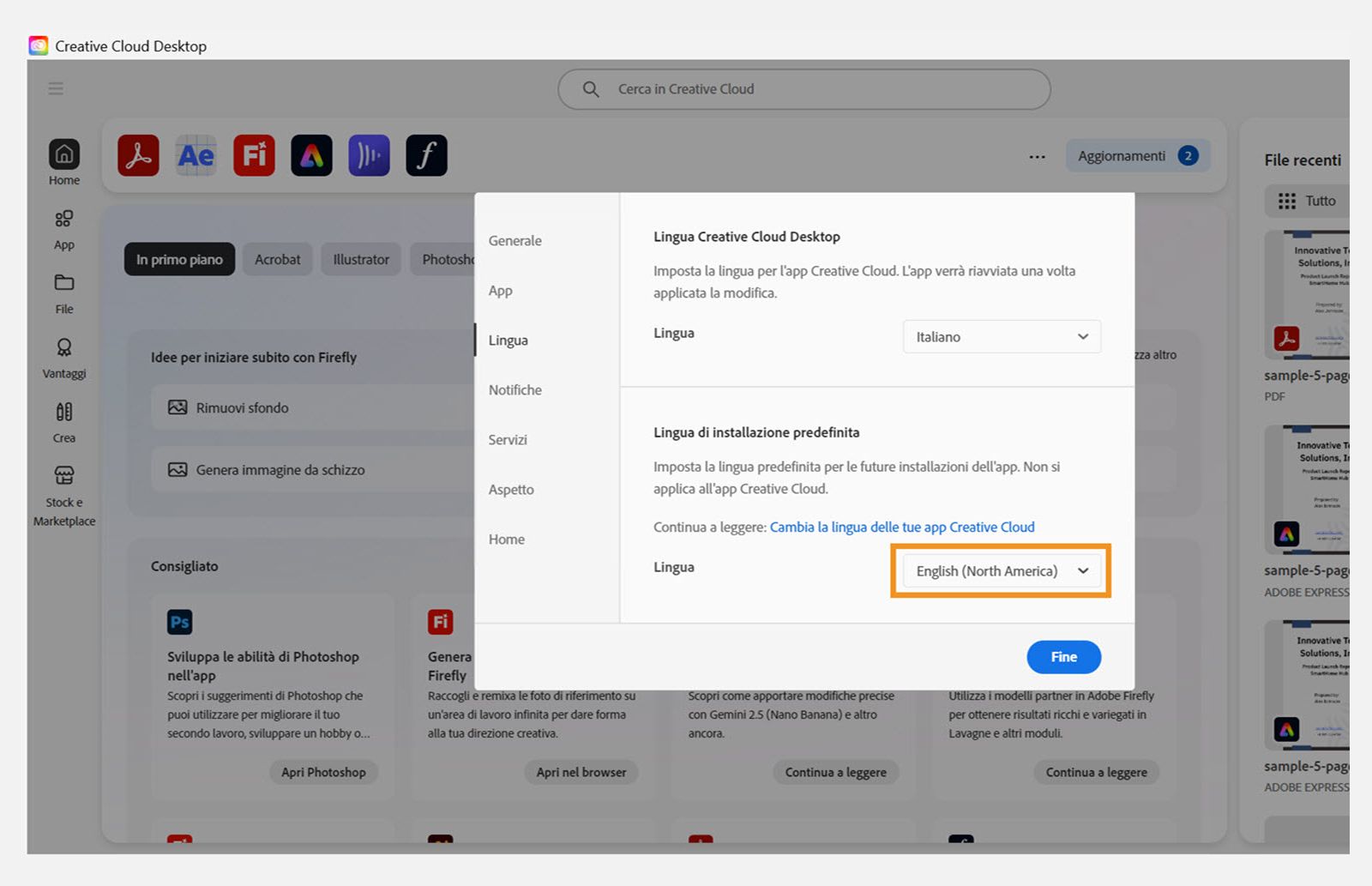La scheda App della finestra Preferenze mostra le opzioni per abilitare o disabilitare gli aggiornamenti automatici, selezionare il percorso di installazione e la lingua di installazione predefinita e visualizzare le app meno recenti. 