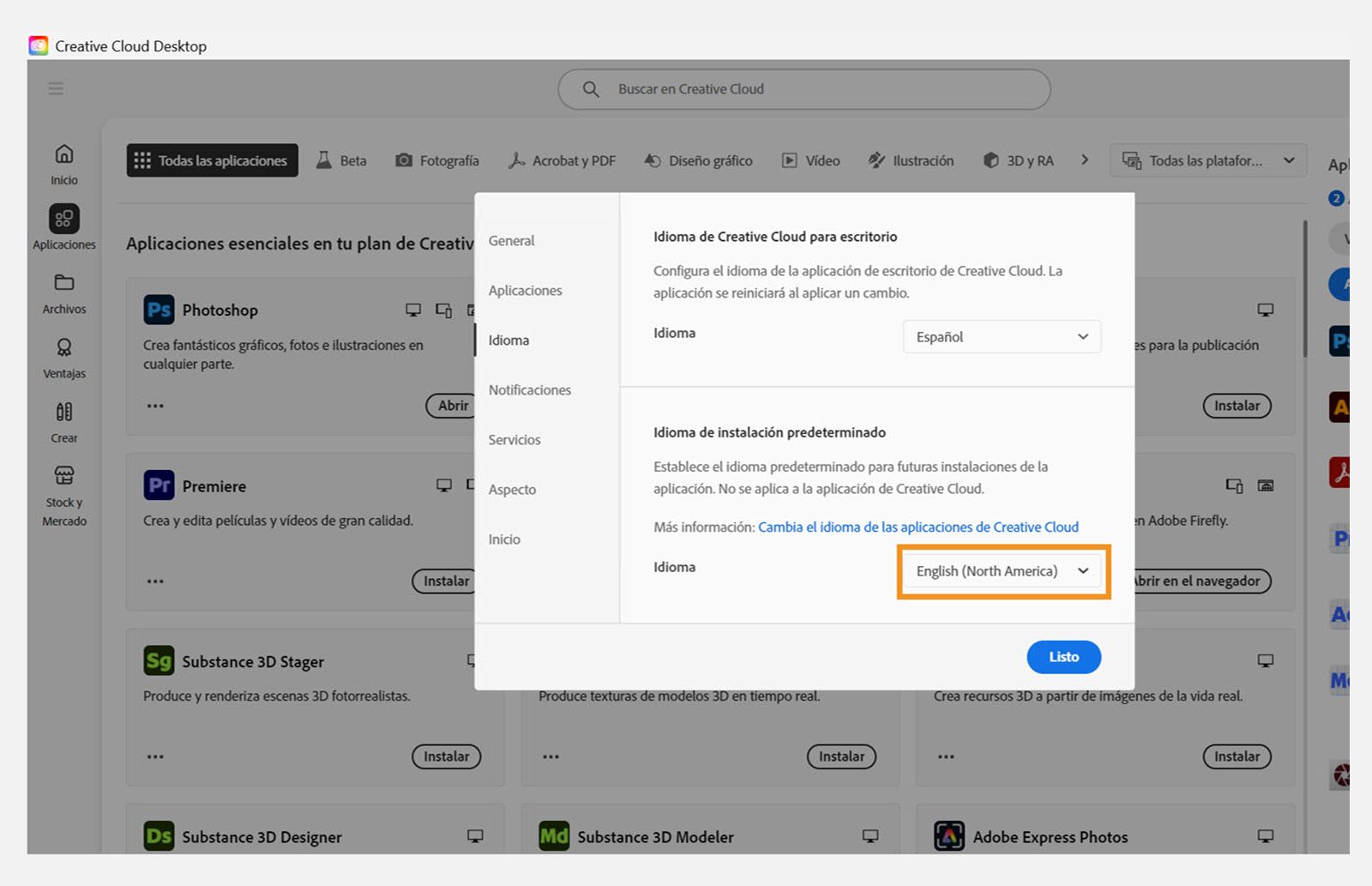 La pestaña Aplicaciones de la ventana Preferencias muestra opciones para habilitar o deshabilitar las actualizaciones automáticas, seleccionar la ubicación de instalación y el idioma de instalación predeterminados y ver aplicaciones más antiguas. 