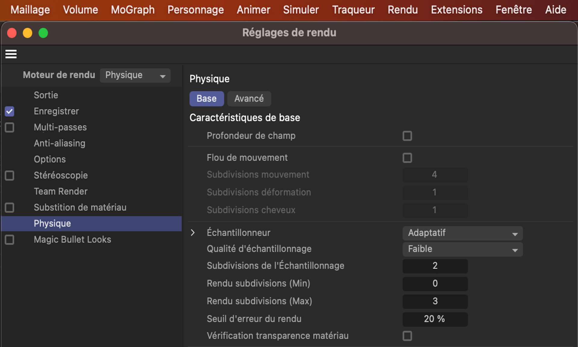 Moteur de rendu par défaut comme Moteur de rendu physique