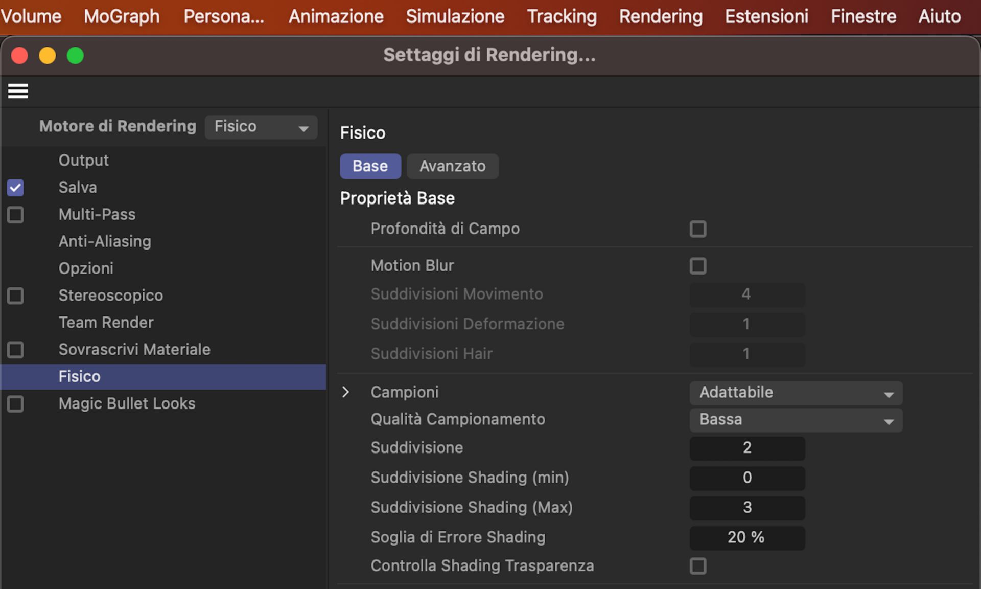Modulo di rendering predefinito impostato su Fisico