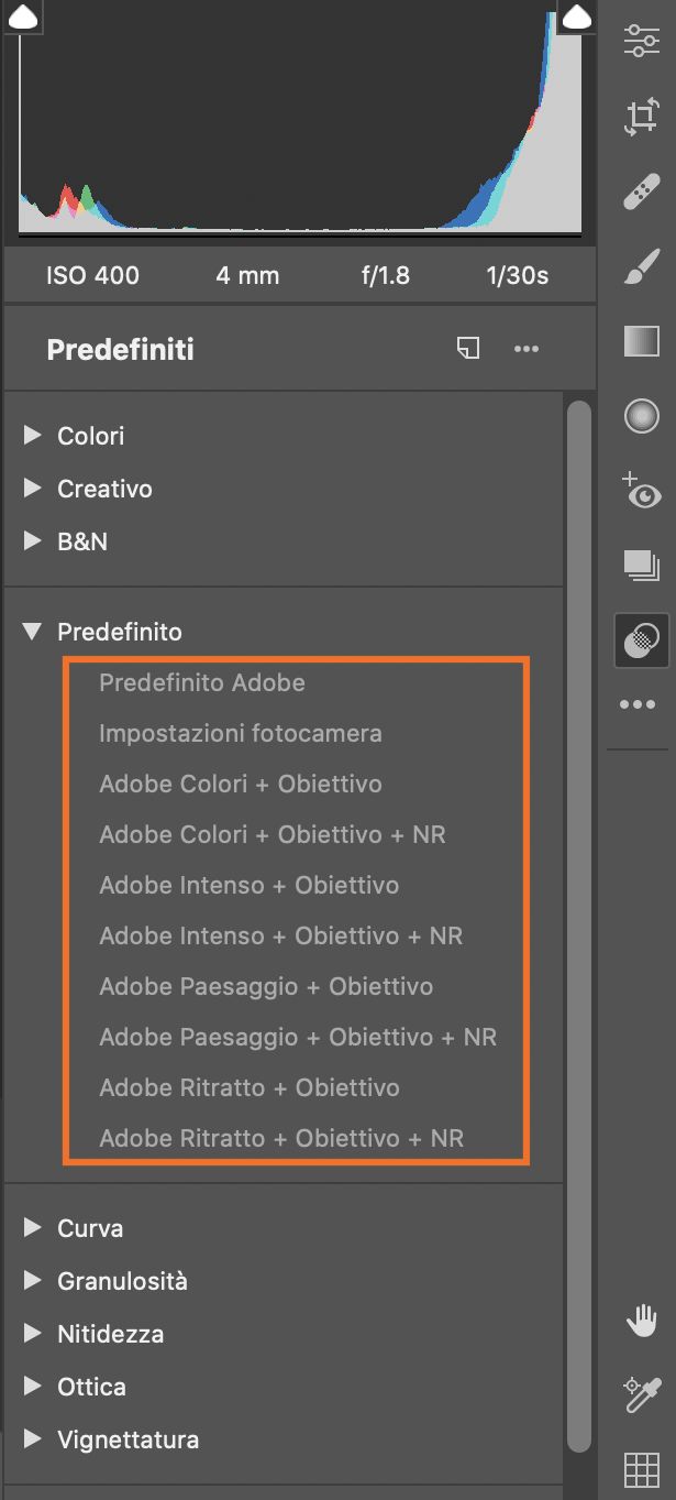 Predefiniti di default in Adobe Camera Raw