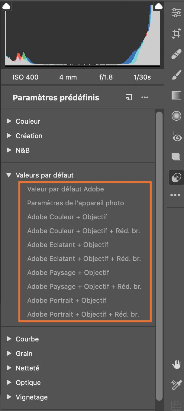 Paramètres prédéfinis par défaut dans Adobe Camera Raw
