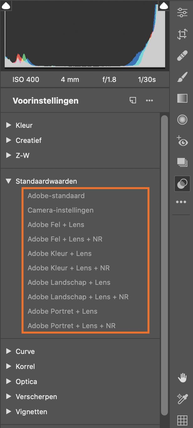 Standaardvoorinstellingen in Adobe Camera Raw