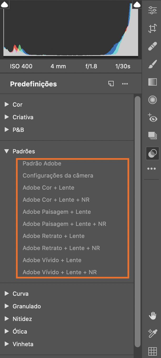 Predefinições de padrões no Adobe Camera Raw