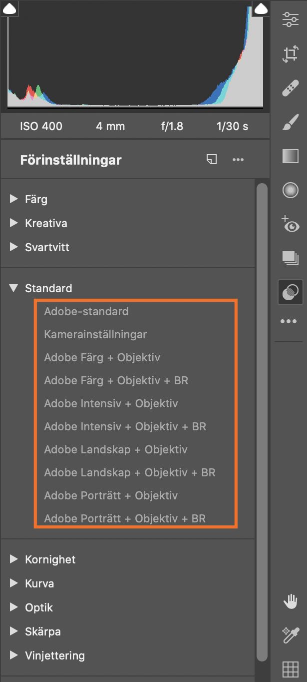 Standardförinställningar i Adobe Camera Raw