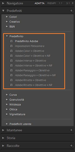 Predefiniti di default in Lightroom Classic