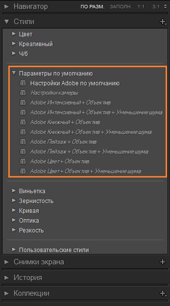 Стили по умолчанию в Lightroom Classic
