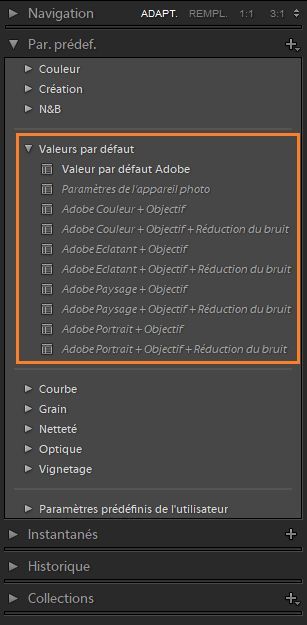 Paramètres prédéfinis par défaut dans Lightroom Classic