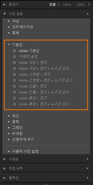 Lightroom Classic의 기본값 사전 설정