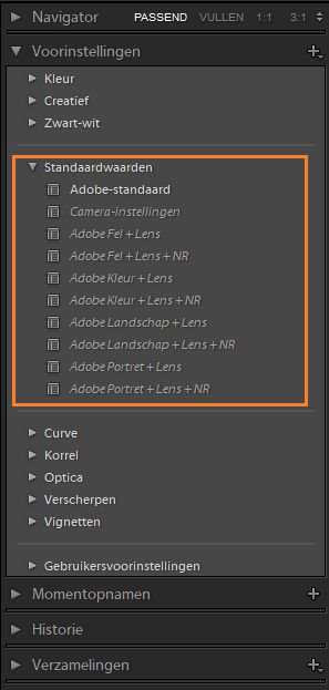Standaardvoorinstellingen in Lightroom Classic