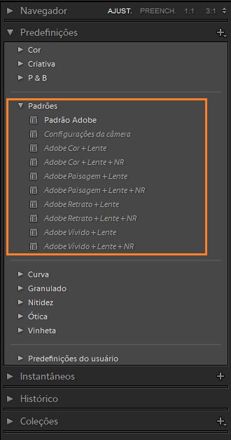 Predefinições de padrões no Lightroom Classic