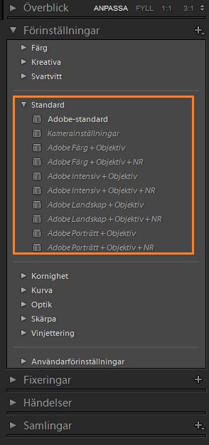 Standardförinställningar i Lightroom Classic