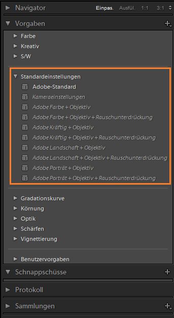 Standardvorgaben in Lightroom Classic