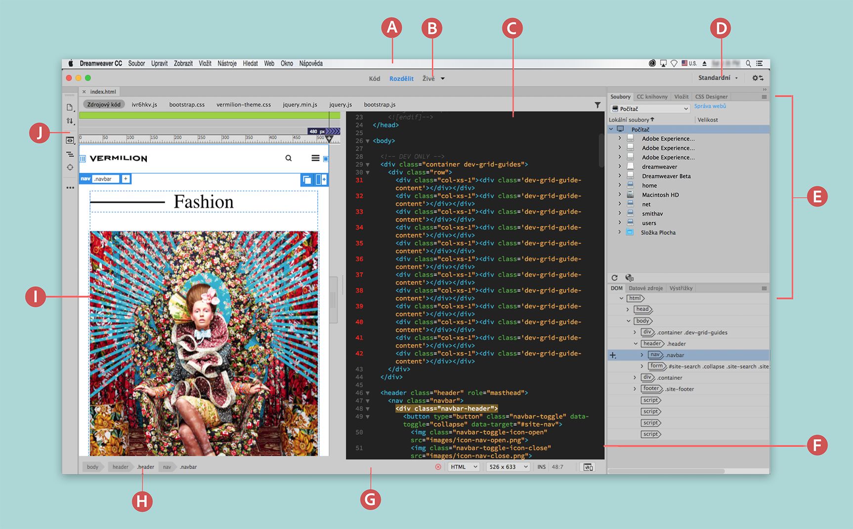 Pracovní plocha aplikace Dreamweaver (CC)