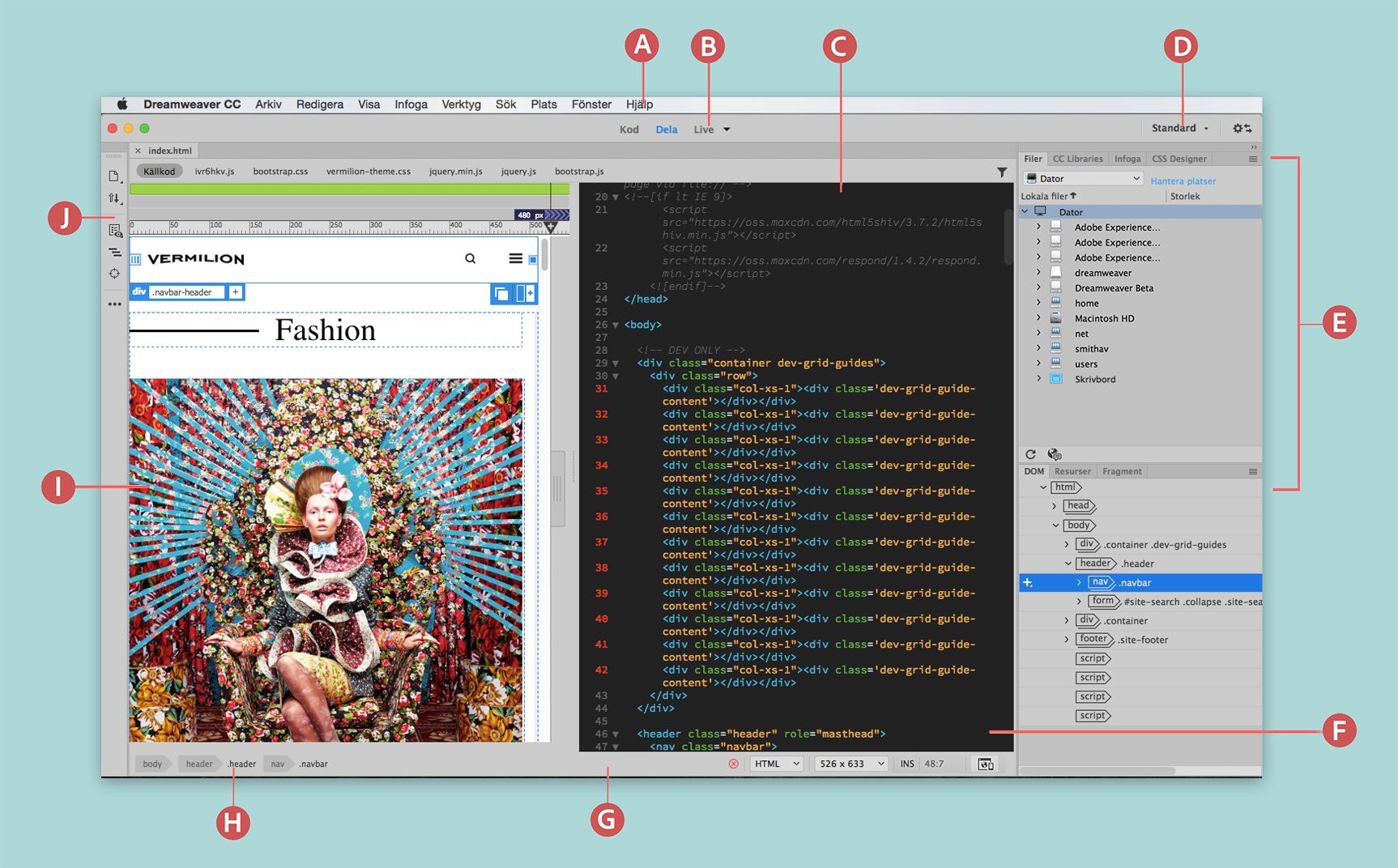 Arbetsyta i Dreamweaver (CC)