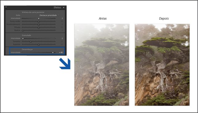 Reduzir a quantidade de embaçamento ou de névoa no Lightroom