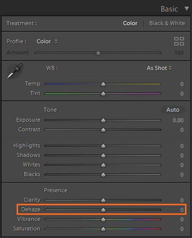 Dehaze slider in the Basic panel