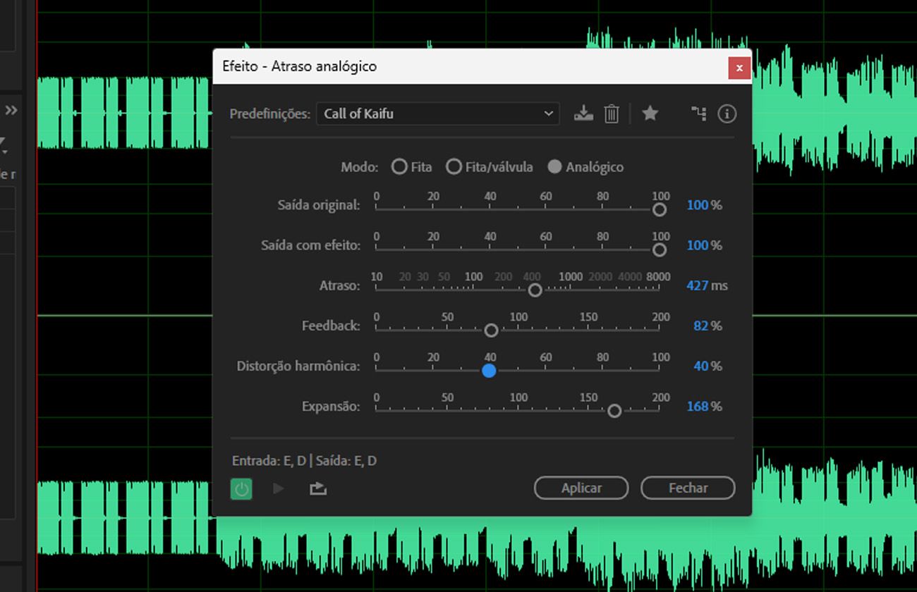 A caixa de diálogo do efeito Analog delay está aberta e as Configurações estão disponíveis para simular o calor sonoro das unidades de delay de hardware vintage.