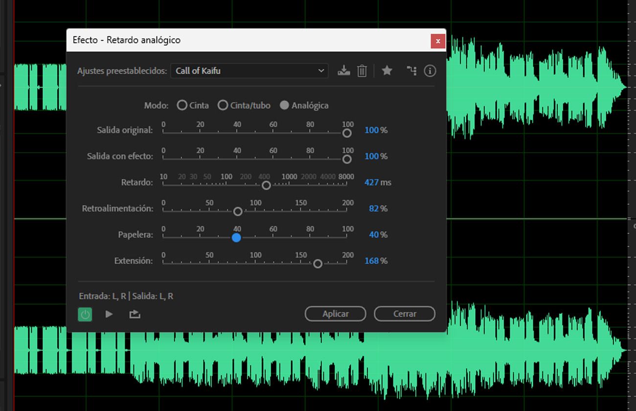 El cuadro de diálogo del efecto Analog delay está abierto, y la Configuración está disponible para simular la calidez sónica de las unidades de retardo de hardware vintage.