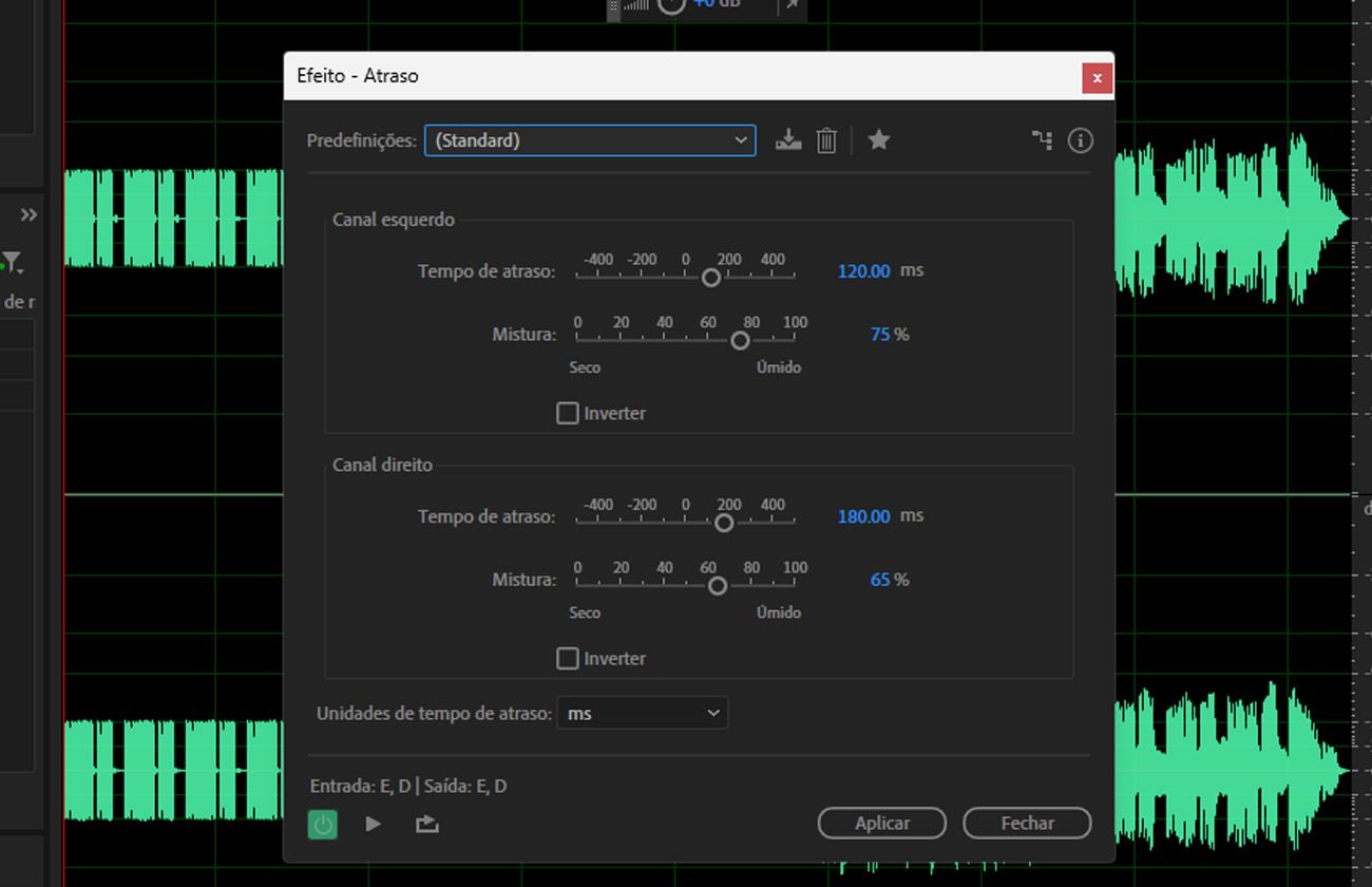 A caixa de diálogo do efeito “Atraso” está aberta, com configurações disponíveis para criar ecos isolados, bem como vários outros efeitos.