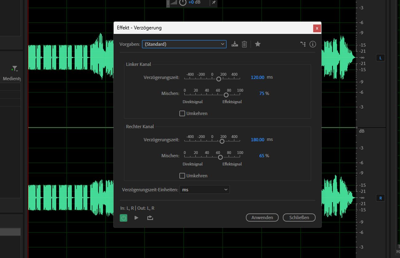 Das Dialogfeld für den Delay-Effekt ist geöffnet und die Einstellungen sind verfügbar, um einzelne Echos sowie eine Reihe anderer Effekte zu erstellen.