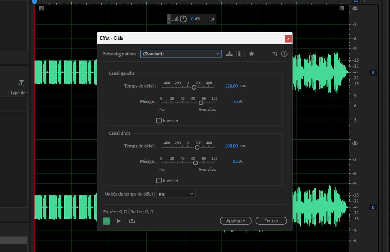 La boîte de dialogue de l’effet Délai est ouverte et les paramètres sont disponibles pour créer des échos simples ainsi qu'un certain nombre d'autres effets.