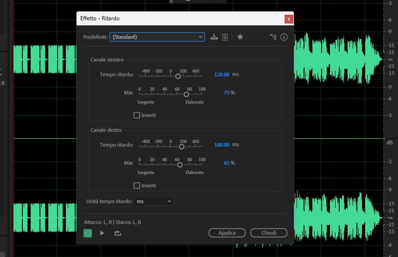 La finestra di dialogo dell'effetto Delay è aperta e le Impostazioni sono disponibili per creare singoli echi, oltre a una serie di altri effetti.