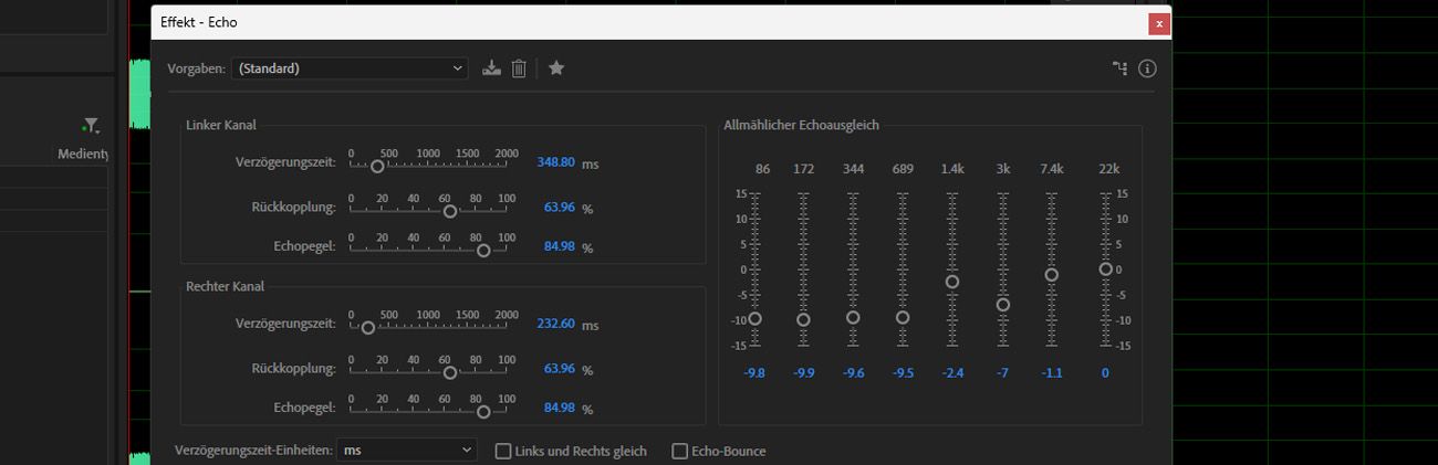 Das Dialogfeld für den Echo-Effekt ist geöffnet und die Einstellungen sind verfügbar, um eine Serie von wiederholten, abklingenden Echos zu einem Sound hinzuzufügen.