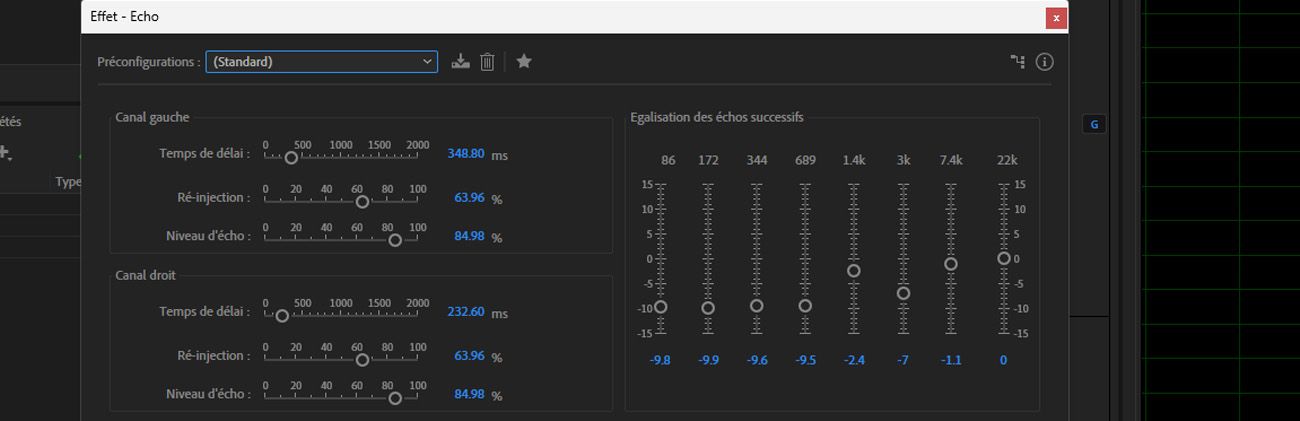 La boîte de dialogue de l’effet Écho est ouverte et les paramètres sont disponibles pour ajouter une série d'échos répétés et décroissants à un son.