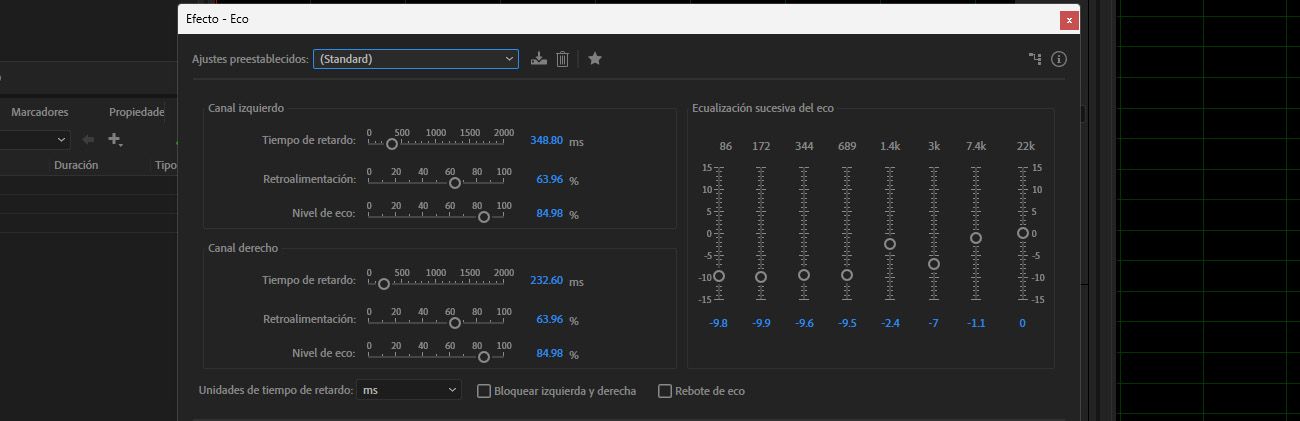 El cuadro de diálogo del efecto Echo está abierto, y la Configuración está disponible para añadir una serie de ecos repetidos y decrecientes a un sonido.