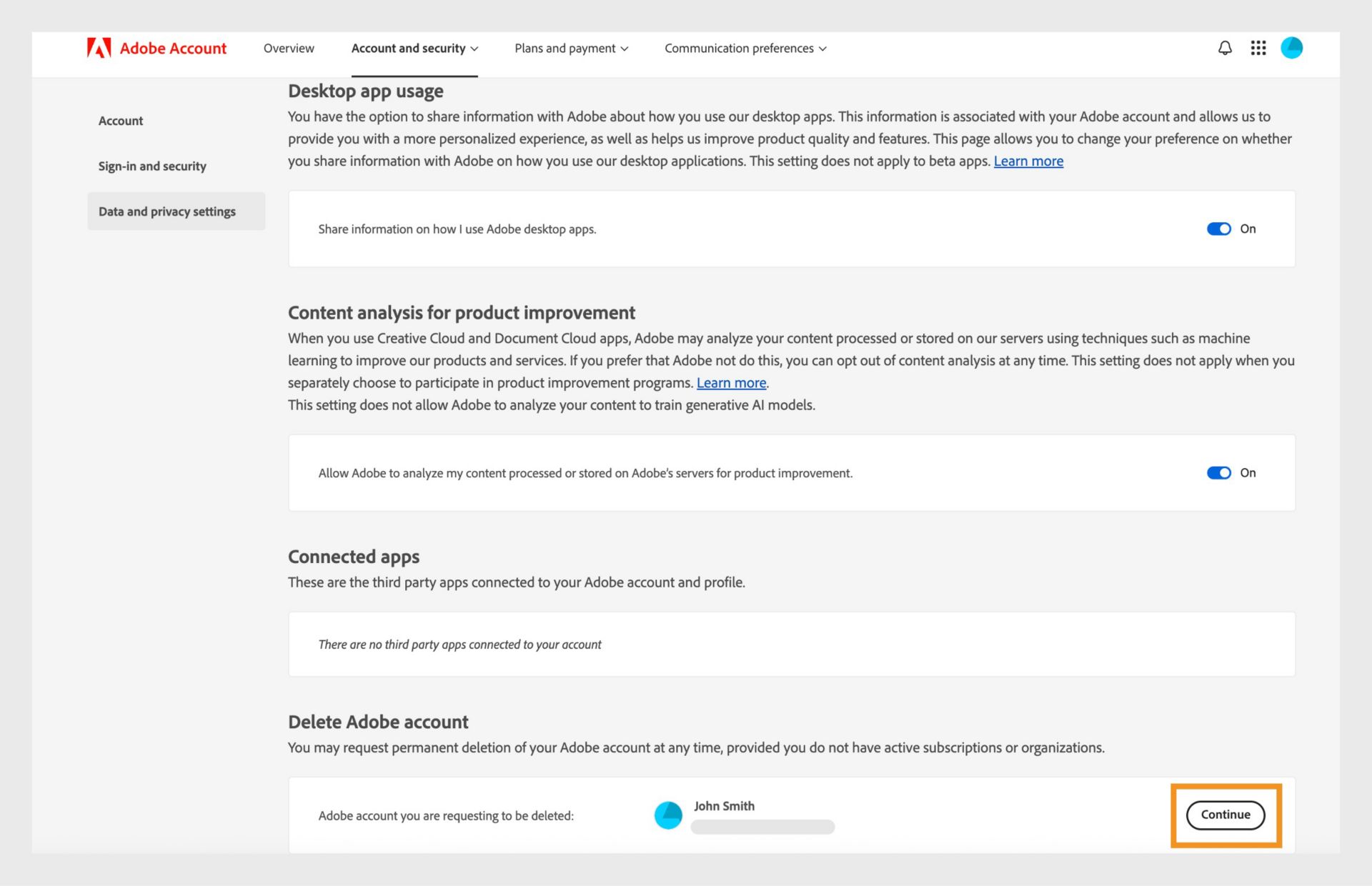 The Delete Adobe account section of the Data and privacy settings page shows your account information and an option to continue deleting your account. 