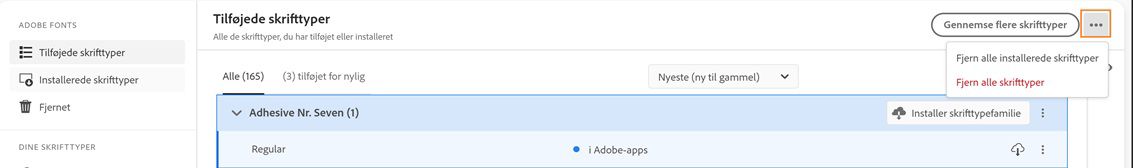Der vises to muligheder for massefjernelse – Fjern alle installerede skrifttyper og Fjern alle skrifttyper.