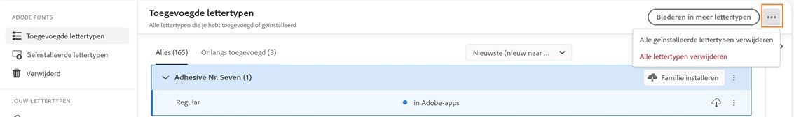 Er worden twee opties voor bulkverwijdering weergegeven waarmee je alle geïnstalleerde lettertypen of alle lettertypen kunt verwijderen.