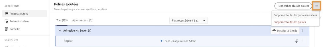 Deux options de suppression en bloc, Supprimer toutes les polices installées et Supprimer toutes les polices, sont affichées.