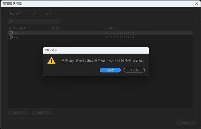 选择要删除的已存档团队项目