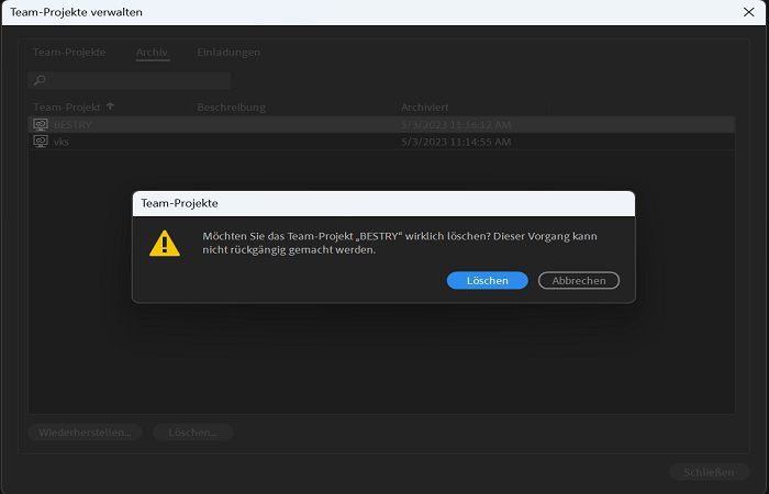 Auswählen des archivierten Team-Projekts zum Löschen