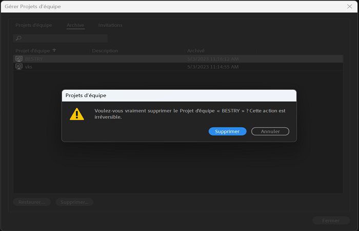 Sélection du projet d’équipe archivé à supprimer