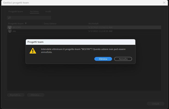 Selezione del progetto team archiviato per l’eliminazione