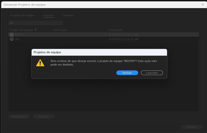 Selecionar o projeto de equipe arquivado para exclusão
