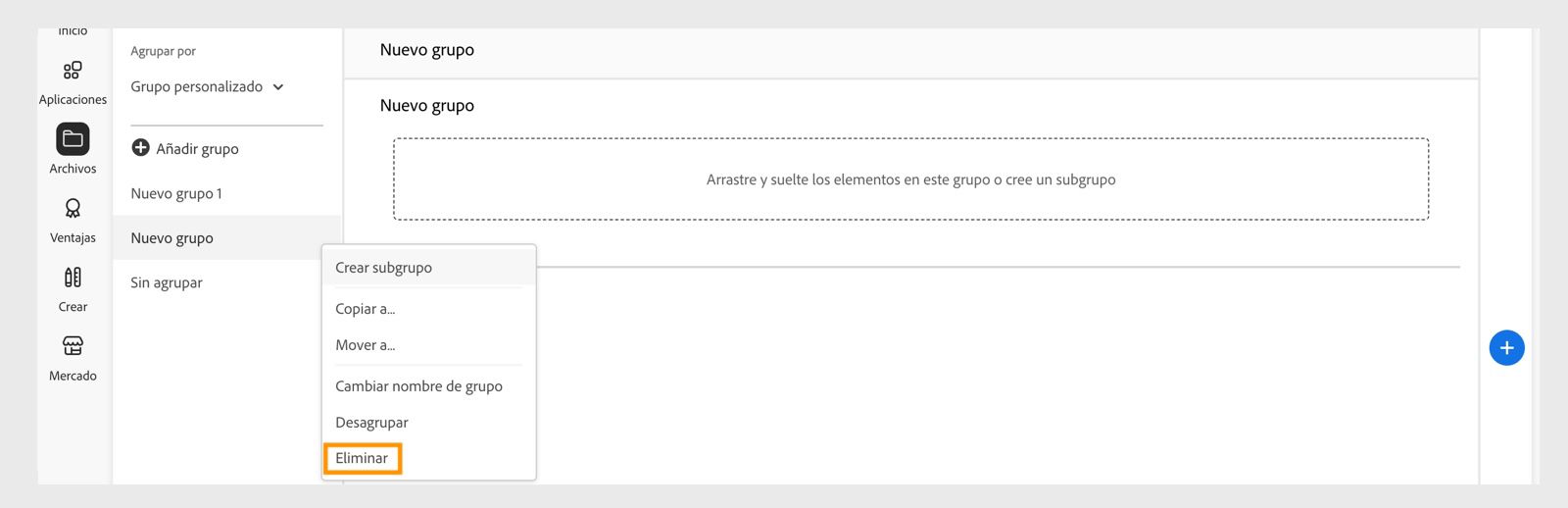 El menú contextual del grupo de biblioteca, que aparece cuando haces clic derecho en un grupo o subgrupo, proporciona la opción de eliminar el grupo o subgrupo de biblioteca. 