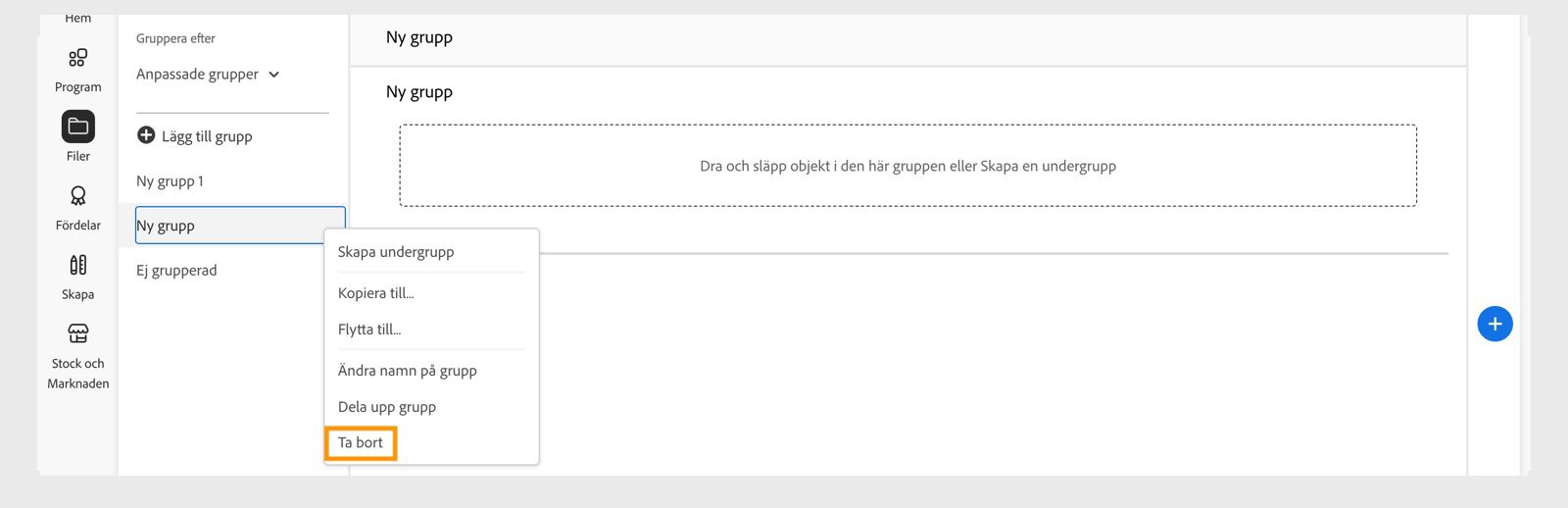 Kontextmenyn för biblioteksgruppen, som visas när du högerklickar på en grupp eller undergrupp, ger alternativet att ta bort biblioteksgruppen eller undergruppen. 