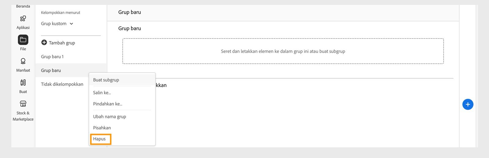 Menu konteks grup pustaka, yang muncul saat Anda mengklik kanan grup atau subgrup, menyediakan opsi untuk menghapus grup atau subgrup pustaka. 