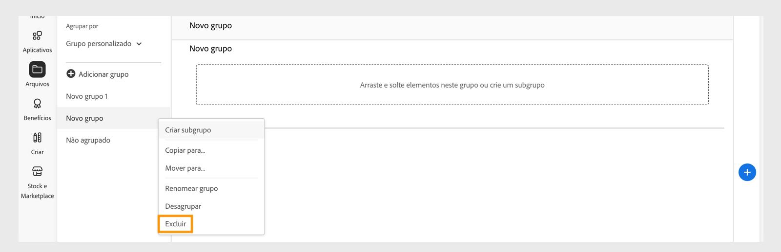 O menu de contexto do grupo de bibliotecas, que aparece ao clicar com o botão direito do mouse em um grupo ou subgrupo, dá a opção de excluir o grupo ou subgrupo das bibliotecas. 