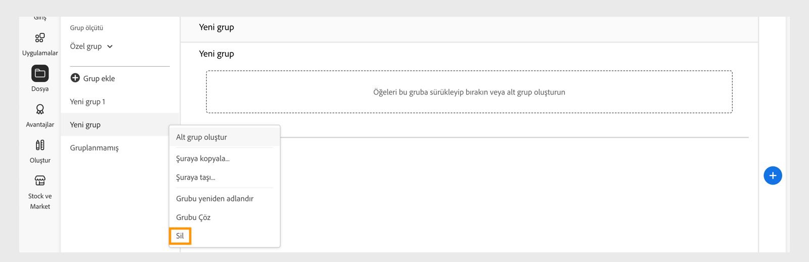 Grubu veya alt grubu sağ tıklattığınızda görüntülenen kitaplık grubu bağlam menüsünde, kitaplık grubunu veya alt grubunu silme seçeneği sunulur. 