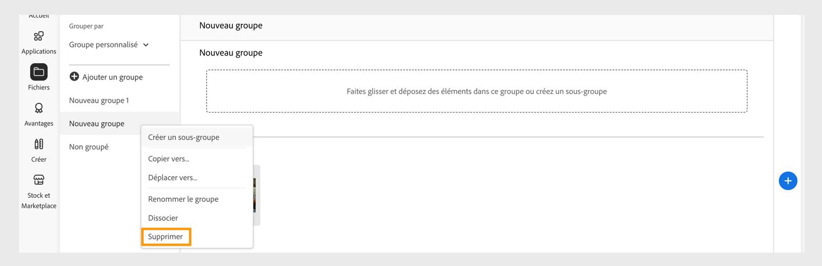 Le menu contextuel du groupe de bibliothèques, qui apparaît lorsque vous cliquez avec le bouton droit sur un groupe ou un sous-groupe, permet de supprimer le groupe ou le sous-groupe de bibliothèques. 