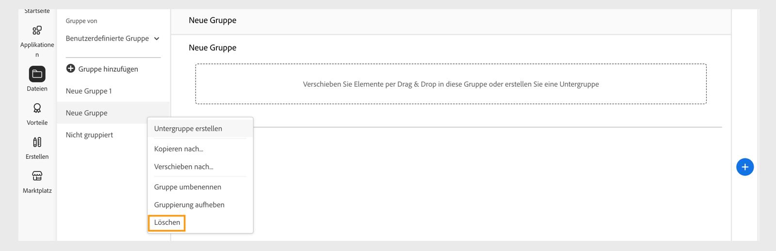 Wenn du mit der rechten Maustaste auf eine Bibliotheksgruppe oder -untergruppe klickst, wird ein Kontextmenü angezeigt, in dem du die Bibliotheksgruppe oder -untergruppe löschen kannst. 